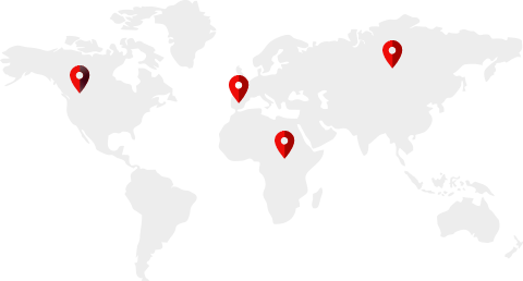 Map showing three marked locations across the world.